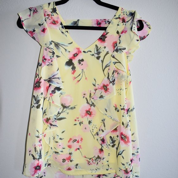 A. Byer Tops - A. BYER FLORAL YELLOW BLOUSE SZ S